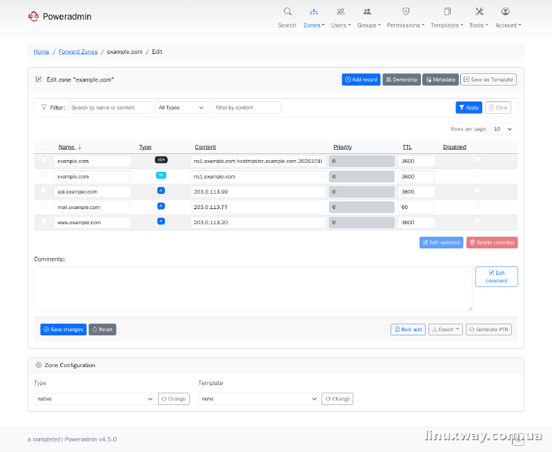 Poweradmin - редагування зони